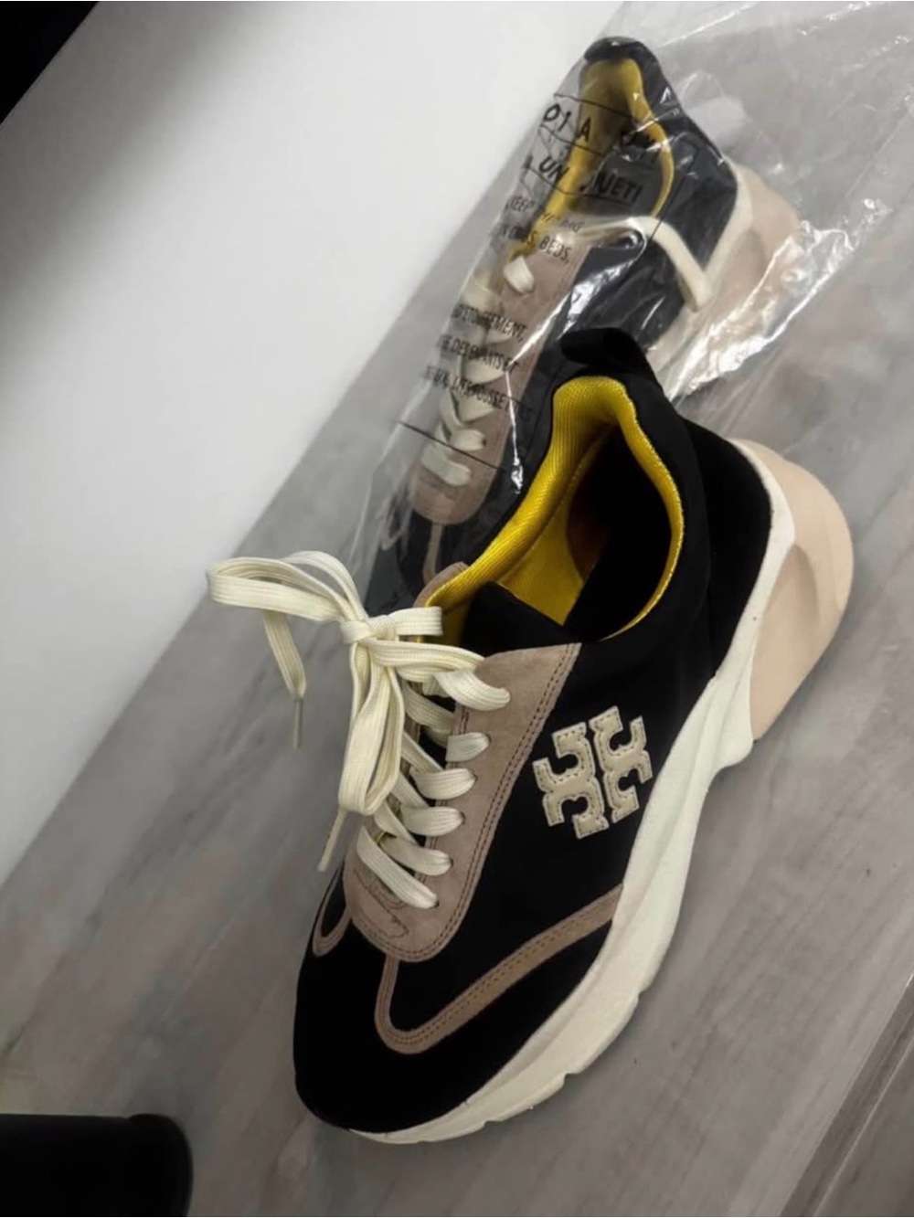 Tory Burch Black, Beige & White Platform Sneakers with Yellow Lining
